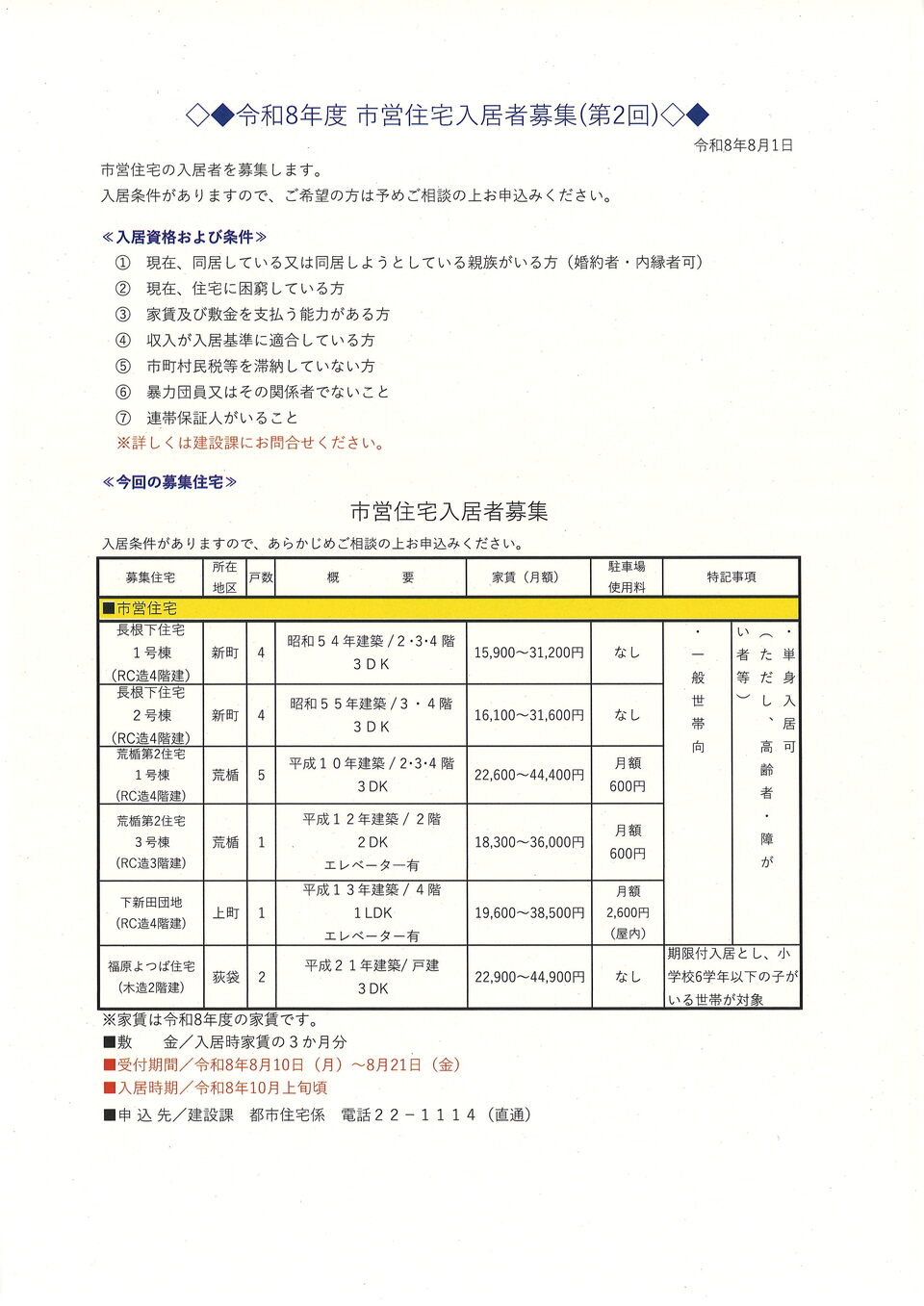 市営住宅入居者募集8月分